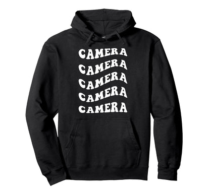 Camera Wavy Text Hoodie - Unique Graphic Men Women - T-Shirt, Sweatshirt, Hoodie