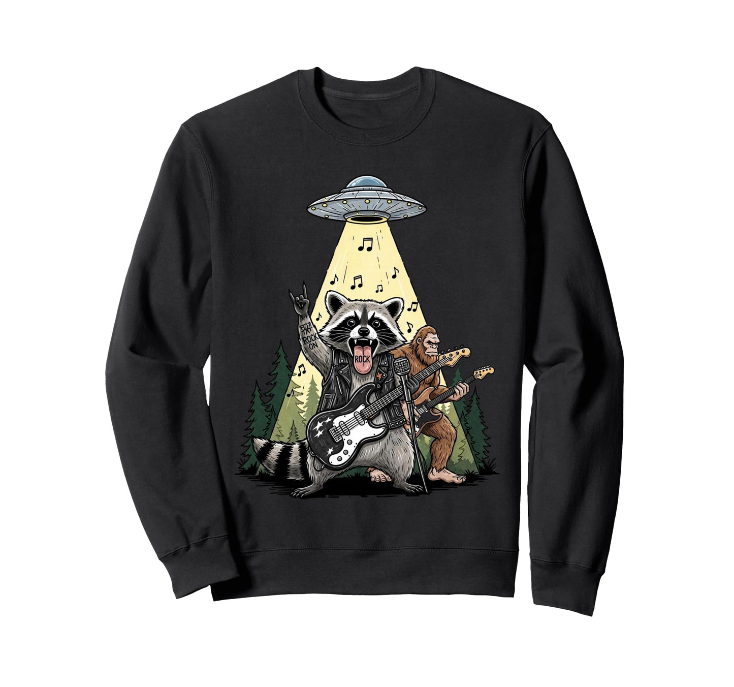 Raccoon Guitar And Bigfoot Under Alien Sweatshirt - Graphic Print Unisex - T-Shirt, Sweatshirt, Hoodie