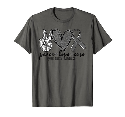Ribbon Peace Love Cure Brain Cancer T-Shirt - Minimalist Print Unisex - T-Shirt, Sweatshirt, Hoodie