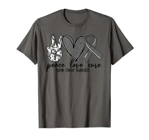 Ribbon Peace Love Cure Brain Cancer T-Shirt - Minimalist Print Unisex - T-Shirt, Sweatshirt, Hoodie
