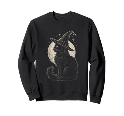 Black Cat Witch Hat Moon Sweatshirt - Casual Everyday Wear Men Women - T-Shirt, Sweatshirt, Hoodie