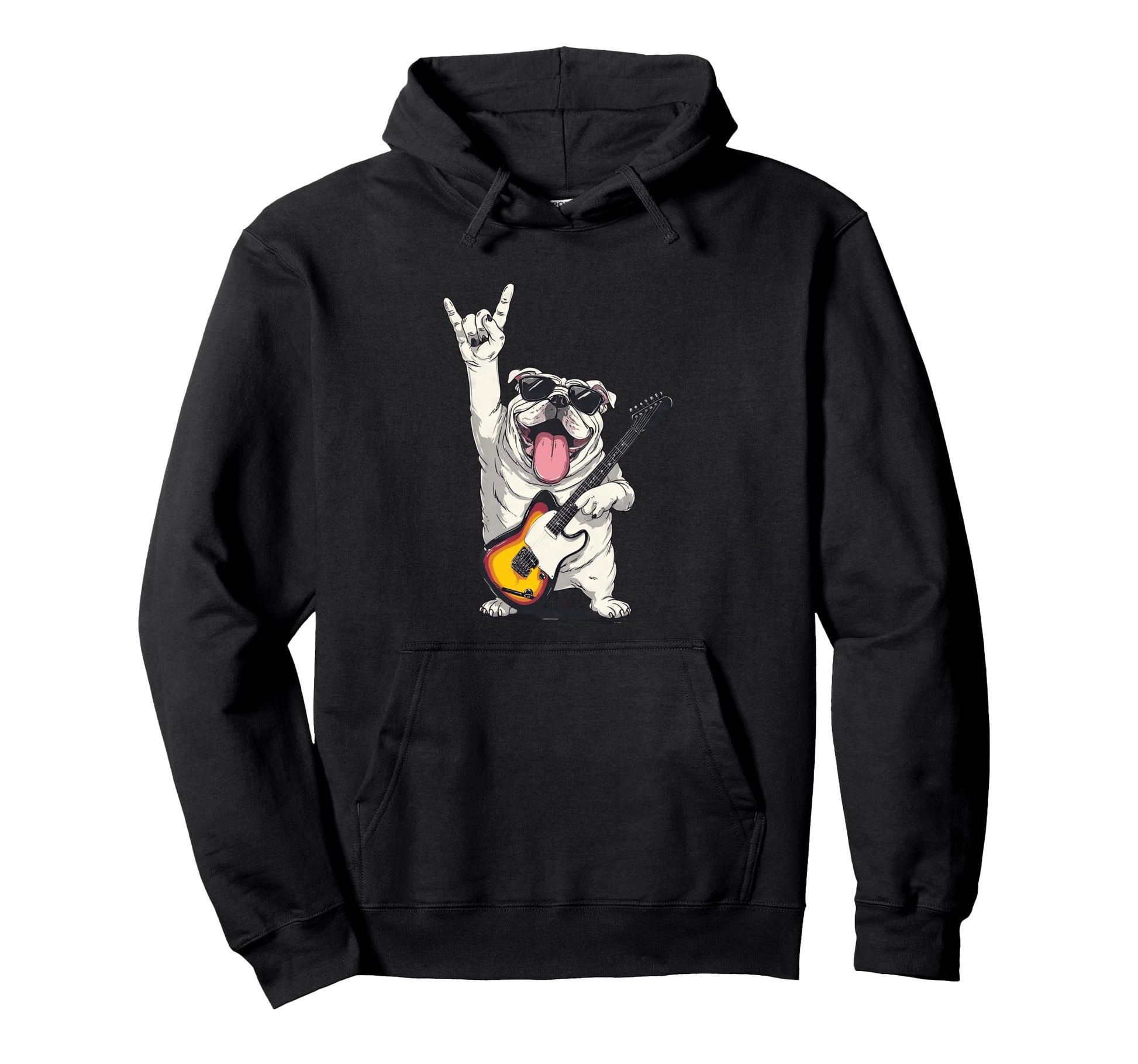 Funny Bulldog Rock Music Guitar Player Hoodie - Streetwear Style Unisex - T-Shirt, Sweatshirt, Hoodie