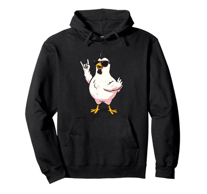 Funny Chicken Rock And Roll Bird Cartoon Hoodie - Unique Graphic Unisex - T-Shirt, Sweatshirt, Hoodie