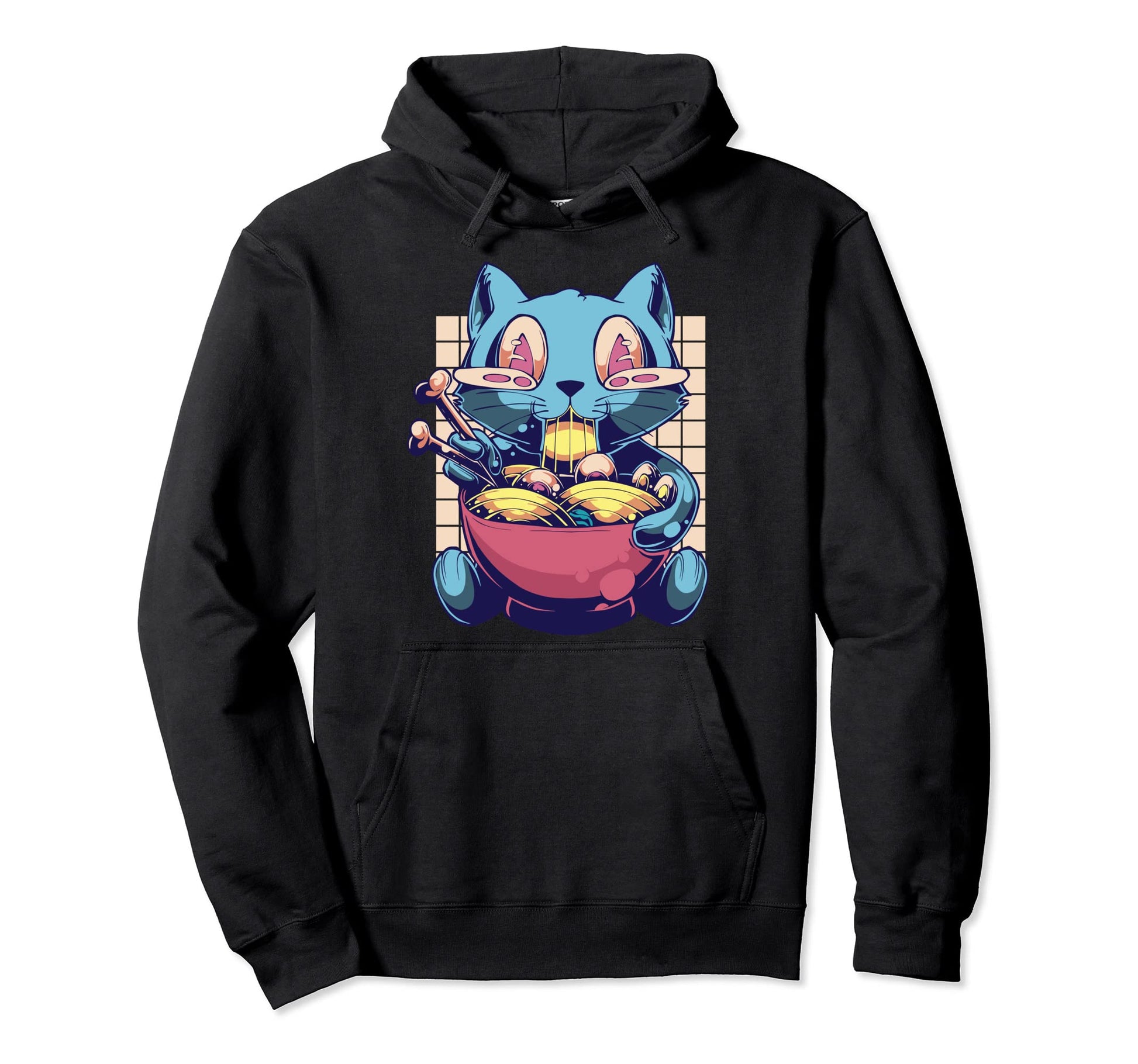 Anime Kuwaii Cat Eat Ramen Vaporwave 90S Hoodie - Custom Art Print Unisex - T-Shirt, Sweatshirt, Hoodie