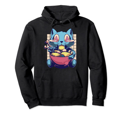 Anime Kuwaii Cat Eat Ramen Vaporwave 90S Hoodie - Custom Art Print Unisex - T-Shirt, Sweatshirt, Hoodie
