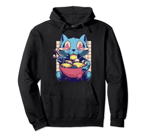 Anime Kuwaii Cat Eat Ramen Vaporwave 90S Hoodie - Custom Art Print Unisex - T-Shirt, Sweatshirt, Hoodie