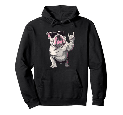 Bulldog English Sunglasses Rock Hand Hoodie - Streetwear Style for Adults - T-Shirt, Sweatshirt, Hoodie