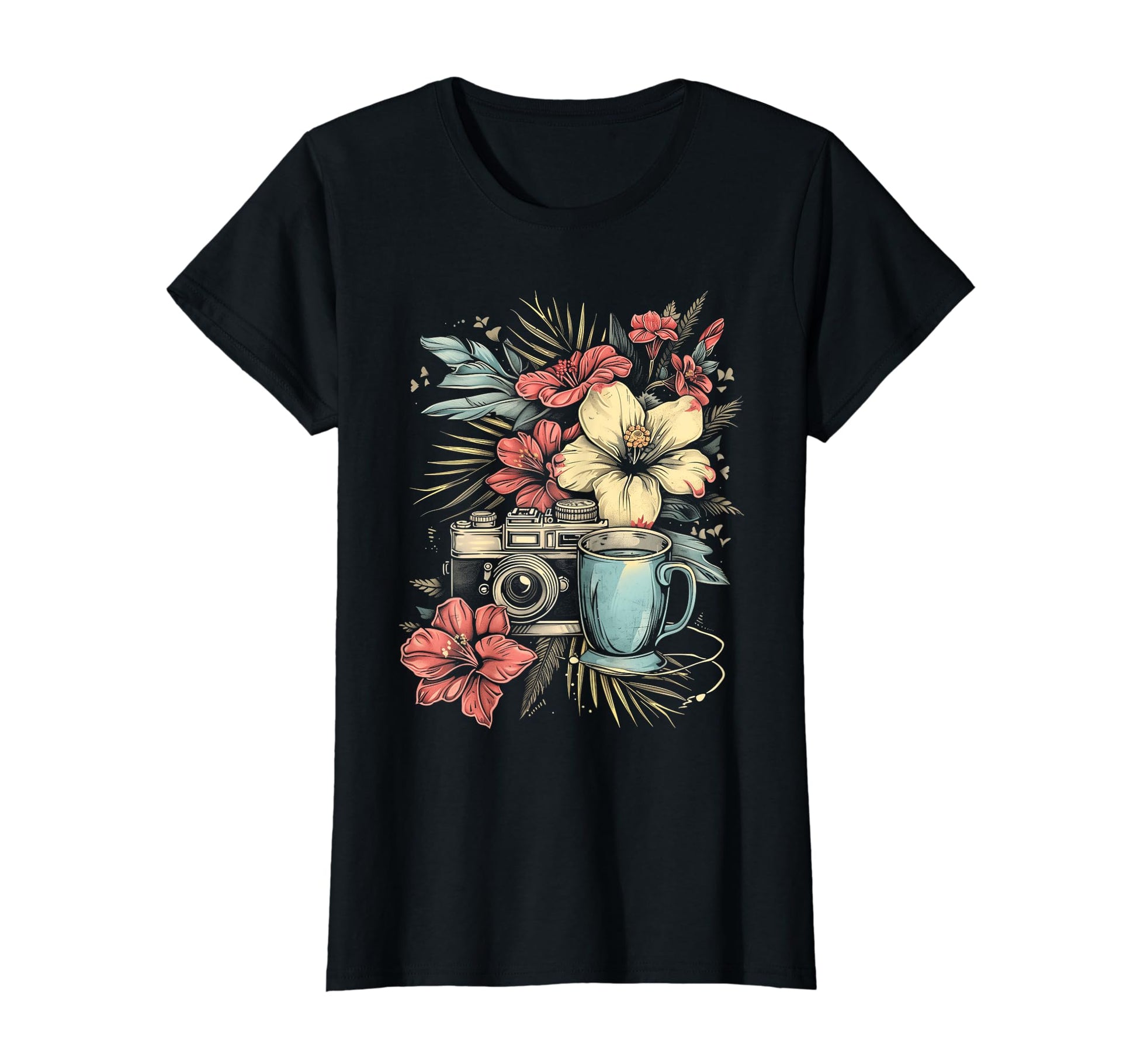 Photographer Coffee Camera Flowers T-Shirt - Aesthetic Graphic Unisex - T-Shirt, Sweatshirt, Hoodie