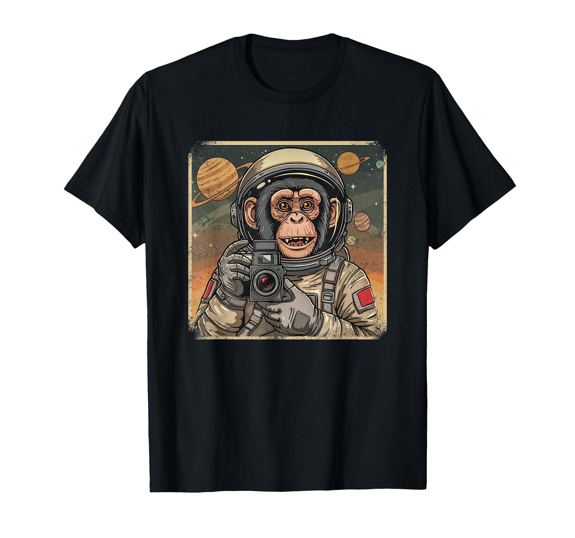 Astronaut Monkey Space Travel Old Camera T-Shirt - Custom Art Print Unisex - T-Shirt, Sweatshirt, Hoodie