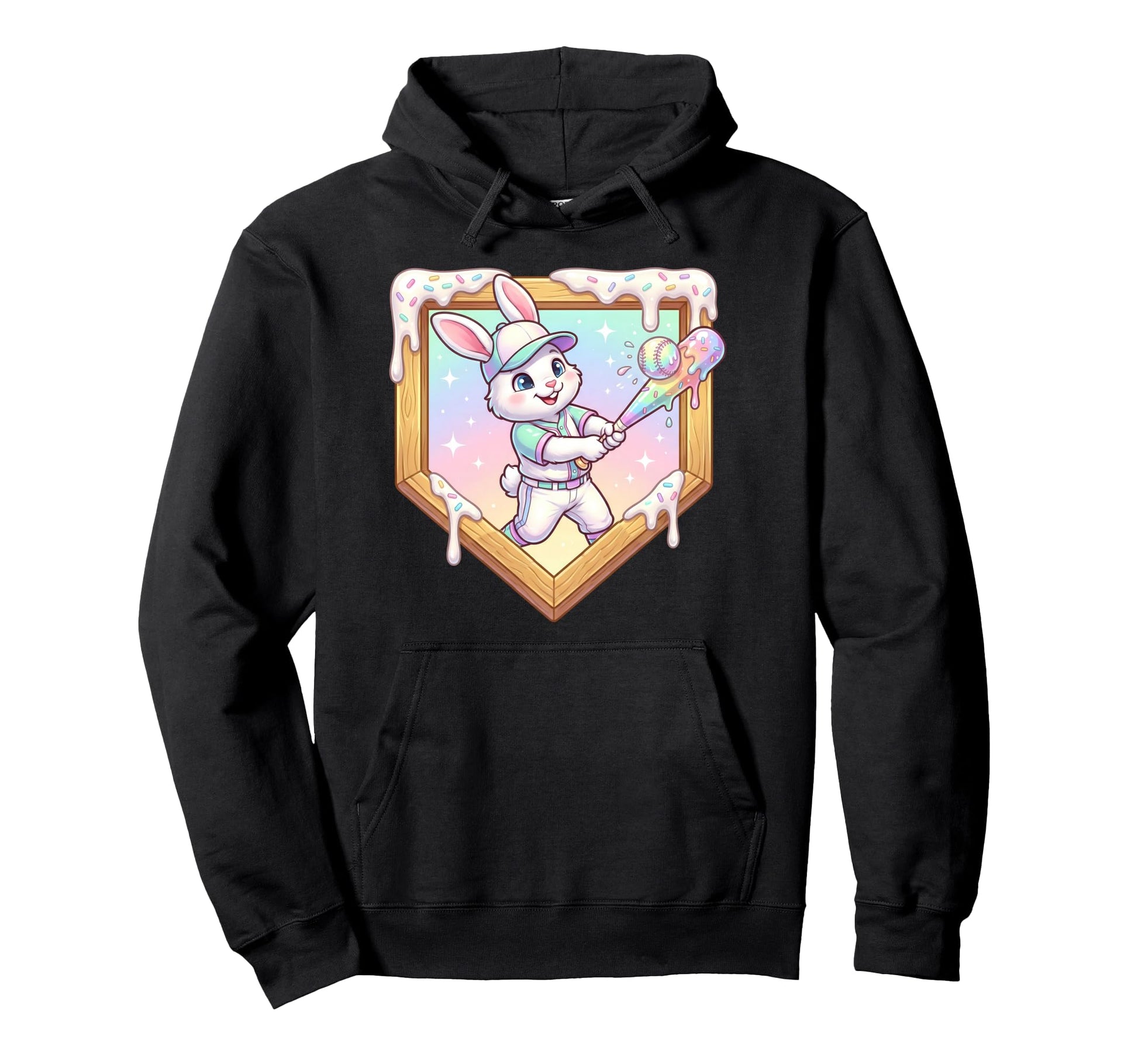 Happy Easter Bunny Playing Baseball Hoodie - Fun Novelty Design Men Women - T-Shirt, Sweatshirt, Hoodie