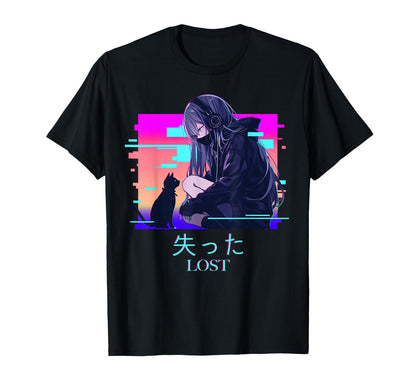 Lost Anime Cat Vaporwave Glitch T-Shirt - Casual Everyday Wear for Adults - T-Shirt, Sweatshirt, Hoodie