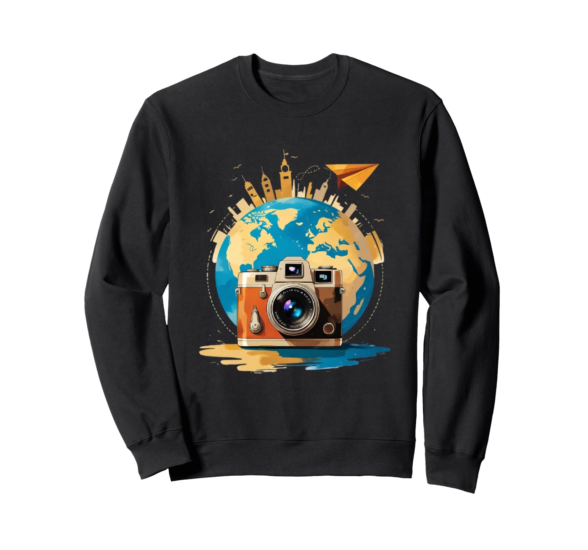 Camera And Globe Travel Art Sweatshirt - Unique Graphic Unisex - T-Shirt, Sweatshirt, Hoodie