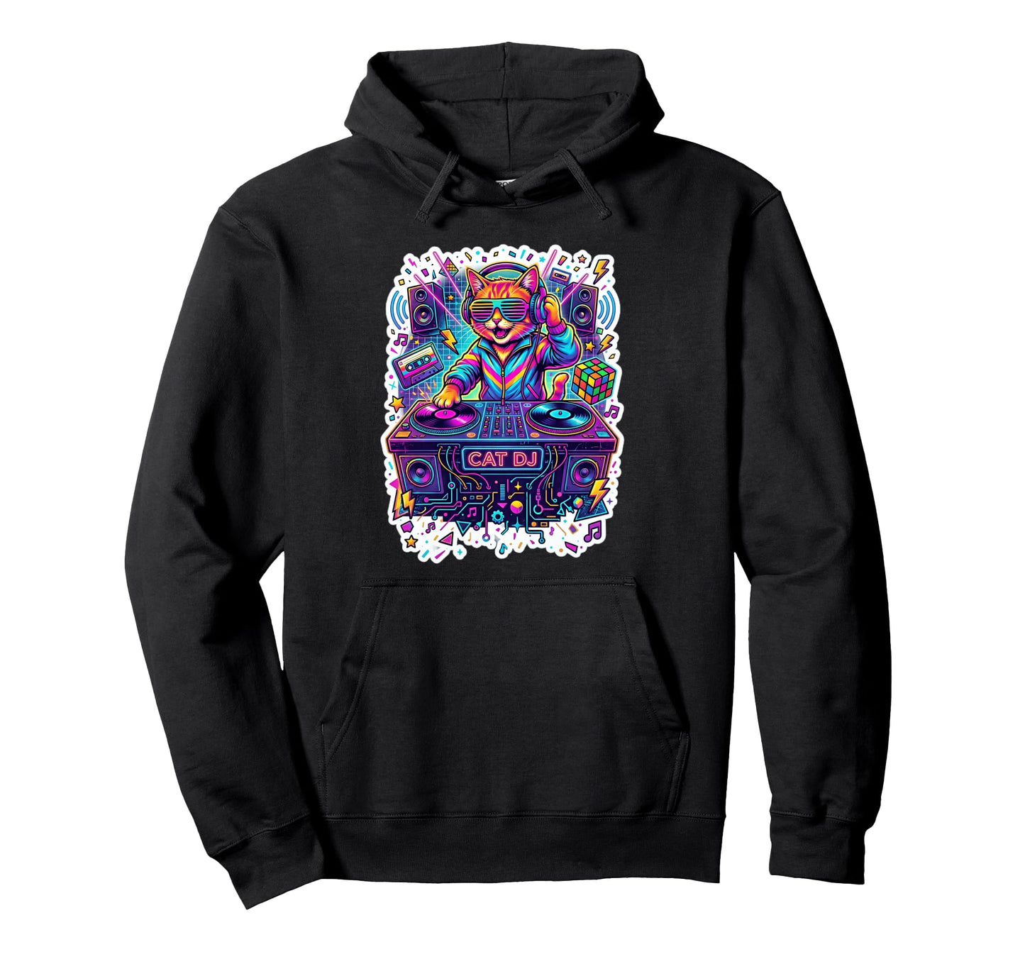 Rainbow Dj Cat Edm Music Funny 80S Retrowave Hoodie - Trendy Graphic Unisex - T-Shirt, Sweatshirt, Hoodie