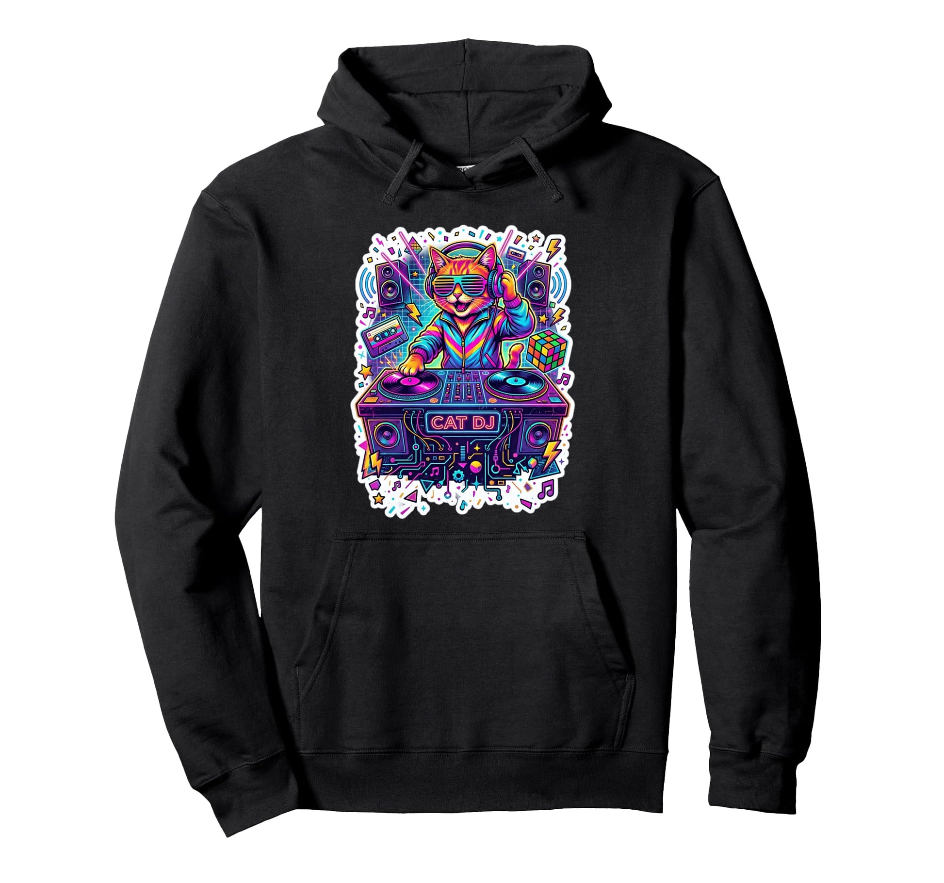 Rainbow Dj Cat Edm Music Funny 80S Retrowave Hoodie - Trendy Graphic Unisex - T-Shirt, Sweatshirt, Hoodie