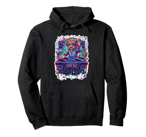Rainbow Dj Cat Edm Music Funny 80S Retrowave Hoodie - Trendy Graphic Unisex - T-Shirt, Sweatshirt, Hoodie