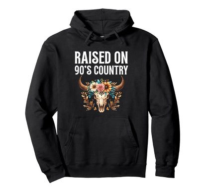 Raised 90S Country Music Western Boho Hoodie - Minimalist Print Men Women - T-Shirt, Sweatshirt, Hoodie