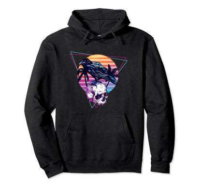 Vaporwave Skull And Crow Aesthetic Hoodie - Unique Graphic Men Women - T-Shirt, Sweatshirt, Hoodie
