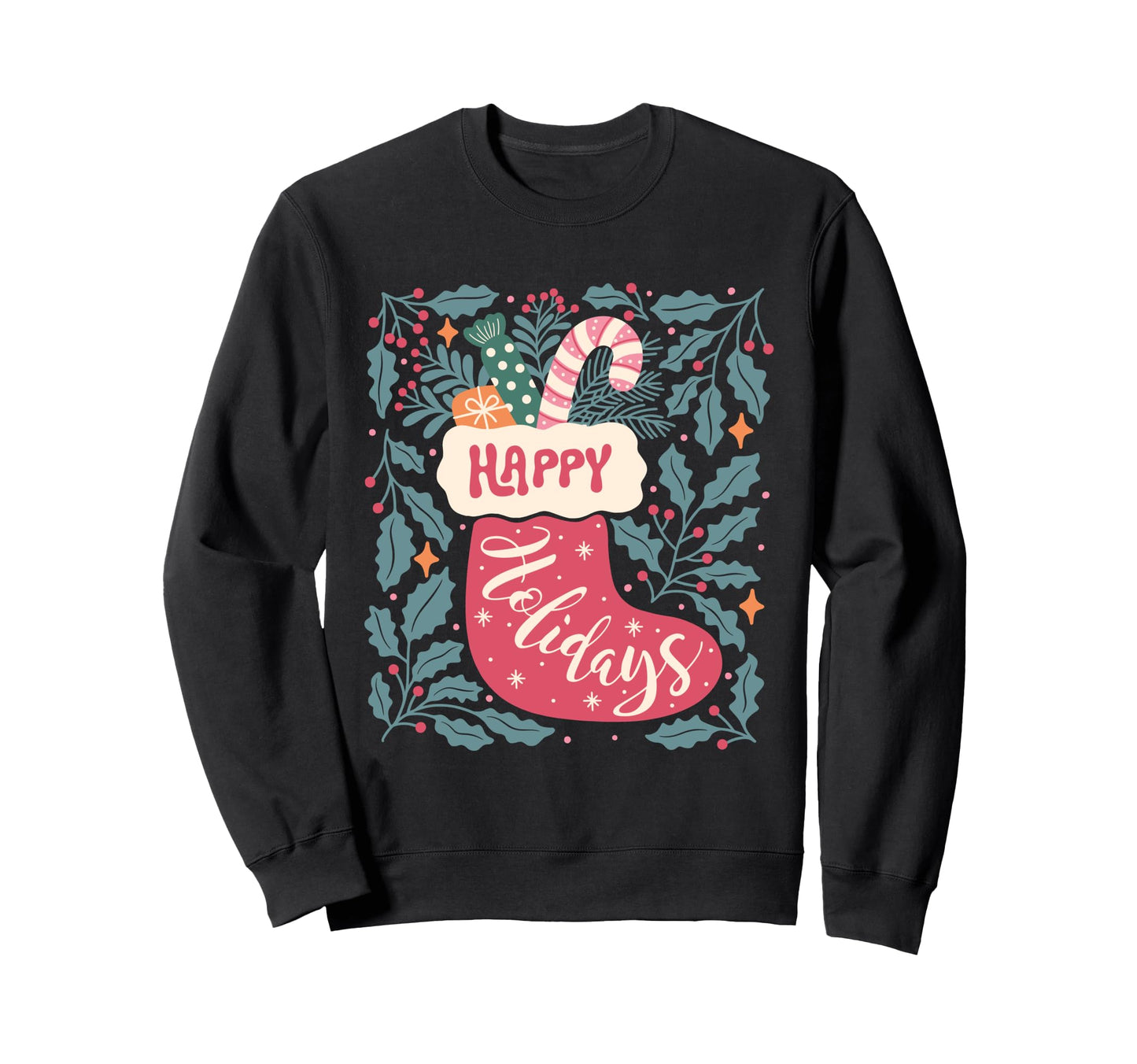 Boho Happy Holidays Stocking Candy Cane Sweatshirt - Trendy Graphic Unisex - T-Shirt, Sweatshirt, Hoodie