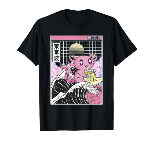 Axolotl Drinking Banana Milk Kanagawa Wave T-Shirt - Trendy Graphic Unisex - T-Shirt, Sweatshirt, Hoodie