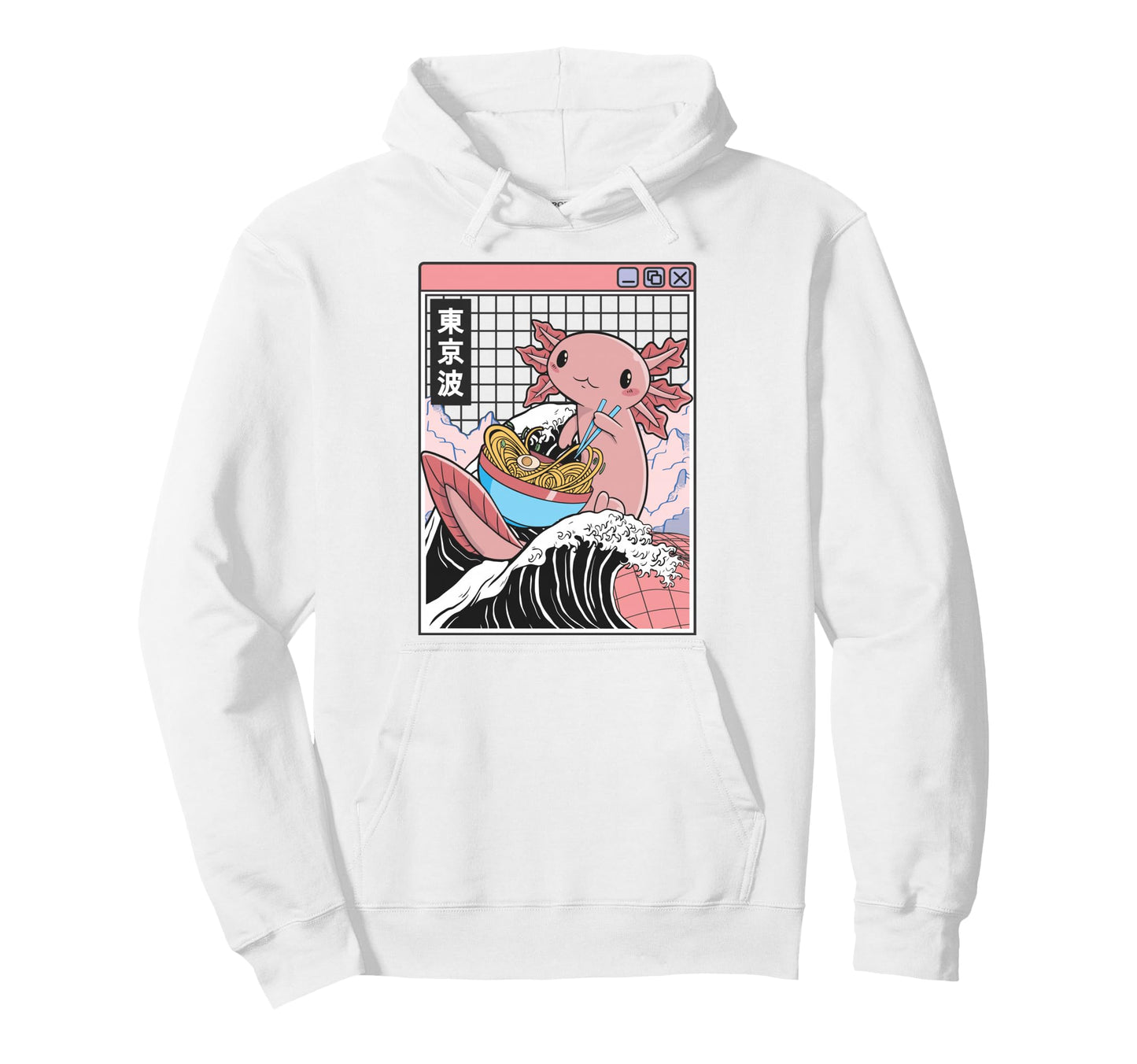 Axolotl Eating Ramen Kanagawa Wave Hoodie - Minimalist Print for Adults - T-Shirt, Sweatshirt, Hoodie