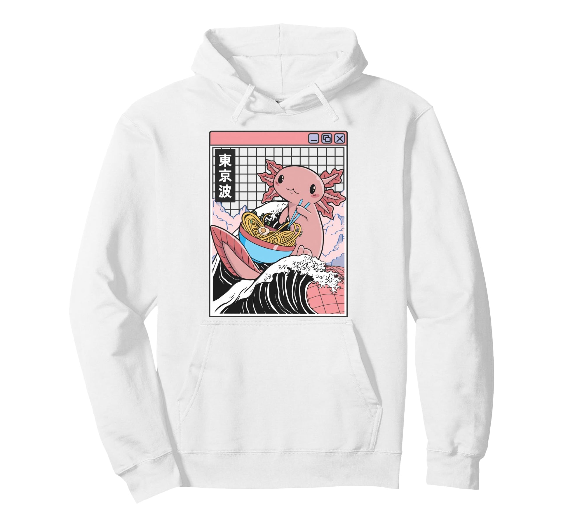 Axolotl Eating Ramen Kanagawa Wave Hoodie - Minimalist Print for Adults - T-Shirt, Sweatshirt, Hoodie