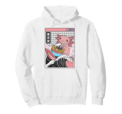 Axolotl Eating Ramen Kanagawa Wave Hoodie - Minimalist Print for Adults - T-Shirt, Sweatshirt, Hoodie