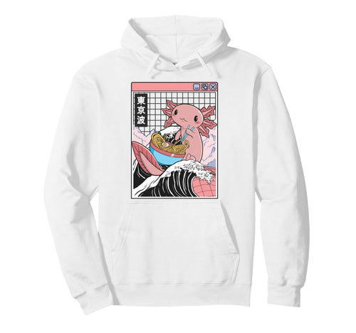 Axolotl Eating Ramen Kanagawa Wave Hoodie - Minimalist Print for Adults - T-Shirt, Sweatshirt, Hoodie