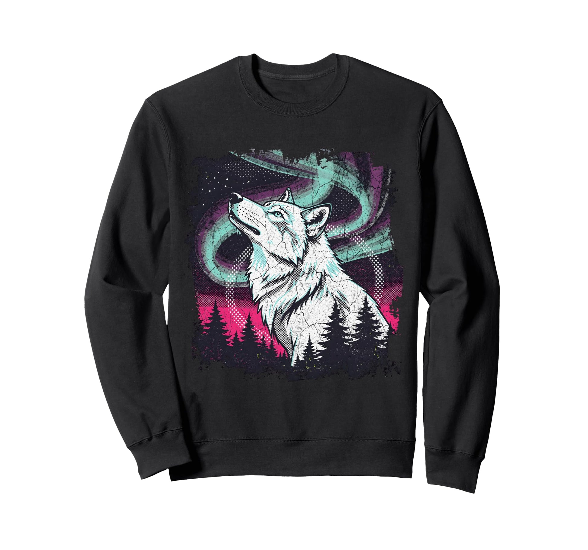 Howling Wolf Aurora 90S Grunge Aesthetic Sweatshirt - Unique Graphic Unisex - T-Shirt, Sweatshirt, Hoodie