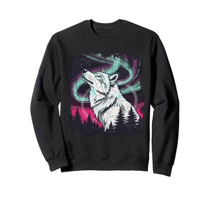 Howling Wolf Aurora 90S Grunge Aesthetic Sweatshirt - Unique Graphic Unisex - T-Shirt, Sweatshirt, Hoodie