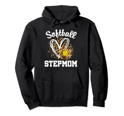 Softball Stepmom Leopard Heart Mom Mommy Hoodie - Graphic Print Men Women - T-Shirt, Sweatshirt, Hoodie
