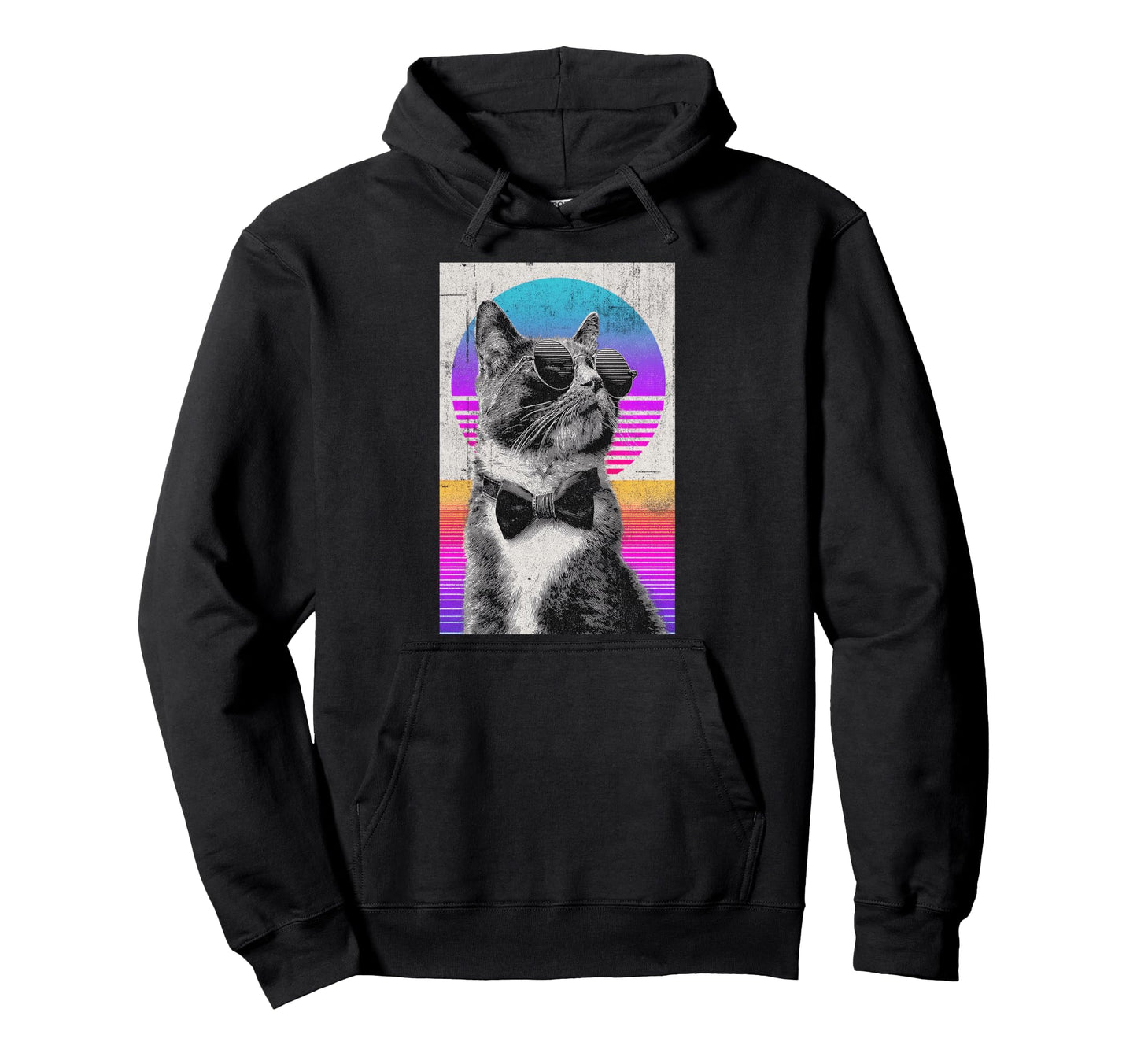 Funny Cat Bow Tie 80S Synthwave Hoodie - Trendy Graphic for Adults - T-Shirt, Sweatshirt, Hoodie