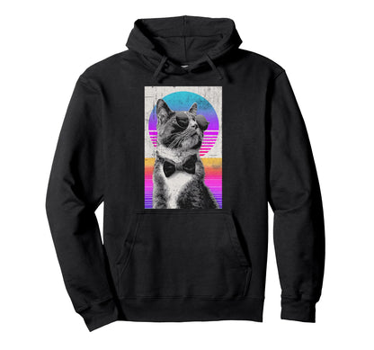 Funny Cat Bow Tie 80S Synthwave Hoodie - Trendy Graphic for Adults - T-Shirt, Sweatshirt, Hoodie