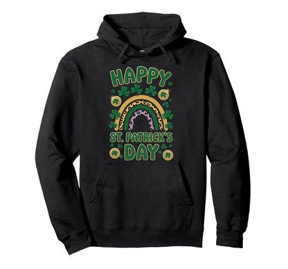 St Patricks Day Leopard Rainbow Shamrock Hoodie - Trendy Graphic Men Women - T-Shirt, Sweatshirt, Hoodie