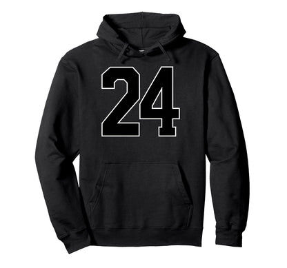 Black Sports Team Number 24 Fan Hoodie - Fun Novelty Design for Adults - T-Shirt, Sweatshirt, Hoodie