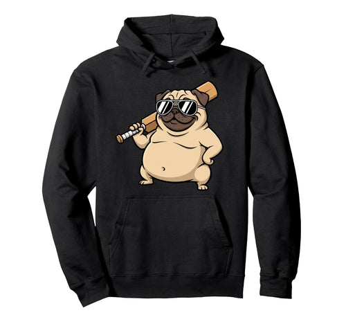 Funny Pug Dog Sunglasses Baseball Bat Hoodie - Custom Art Print for Adults - T-Shirt, Sweatshirt, Hoodie