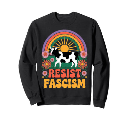 Cow Resist Fascism Groovy Rainbow No Sweatshirt - Graphic Print Men Women - T-Shirt, Sweatshirt, Hoodie