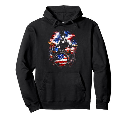 Abe Lincoln Abraham Playing Drums 4Th July Hoodie - Graphic Print Unisex - T-Shirt, Sweatshirt, Hoodie