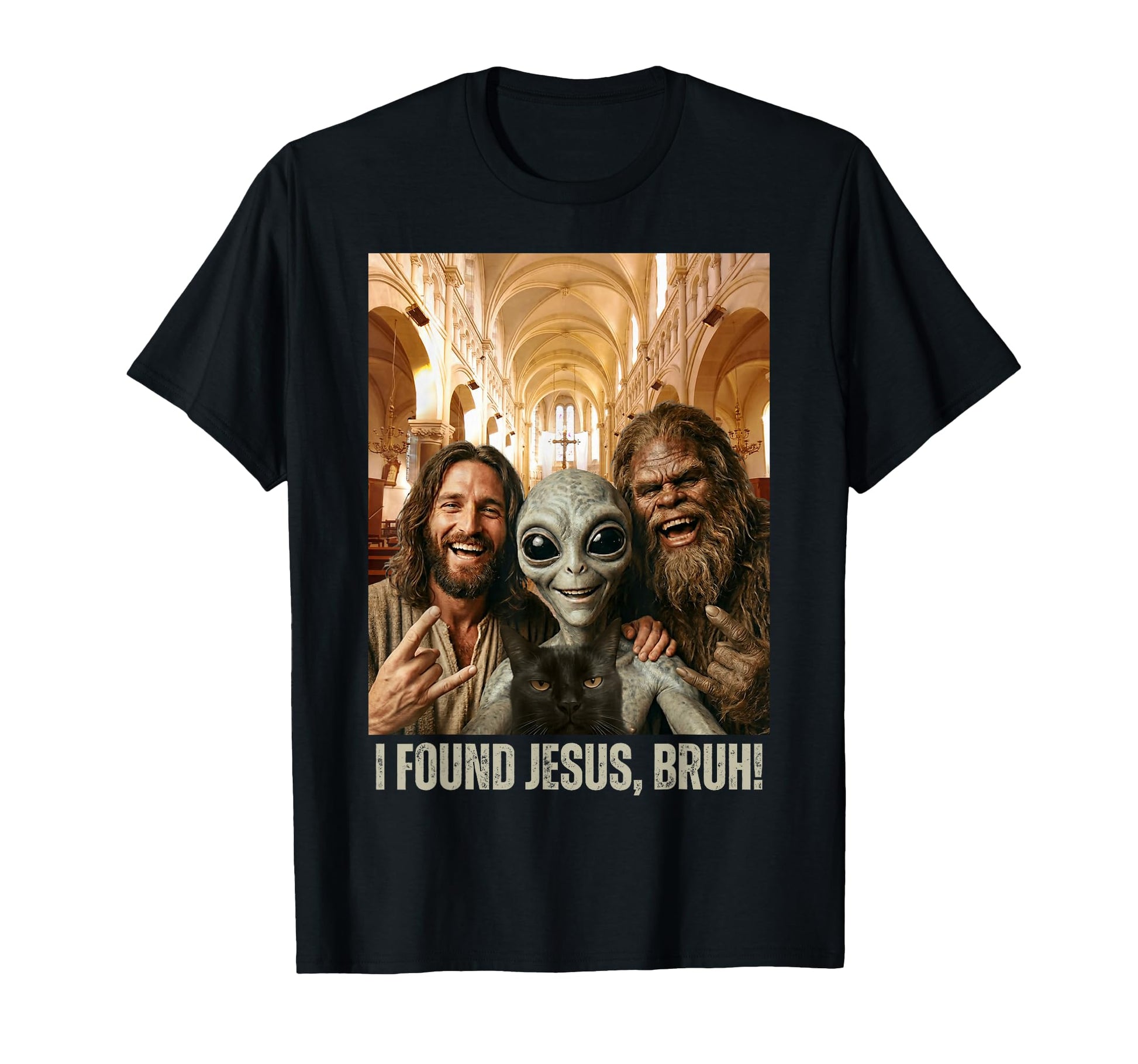 Bruh Bigfoot Alien Jesus Rock Hand T-Shirt - Fun Novelty Design Men Women - T-Shirt, Sweatshirt, Hoodie