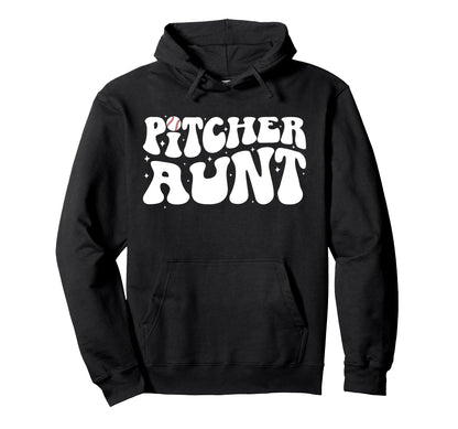 Baseball Pitcher Aunt Groovy Baseball Hoodie - Unique Graphic Unisex - T-Shirt, Sweatshirt, Hoodie