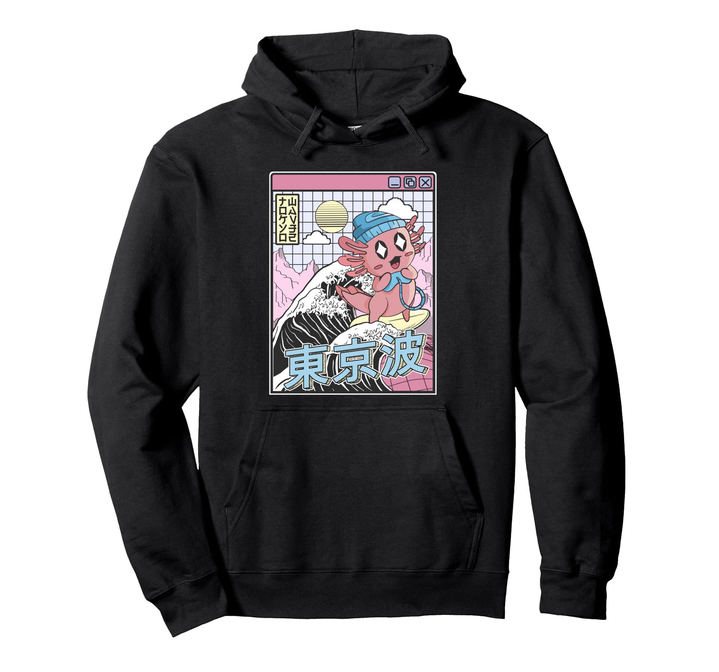 Gaming Axolotl Surfing Kanagawa Wave Hoodie - Custom Art Print for Adults - T-Shirt, Sweatshirt, Hoodie