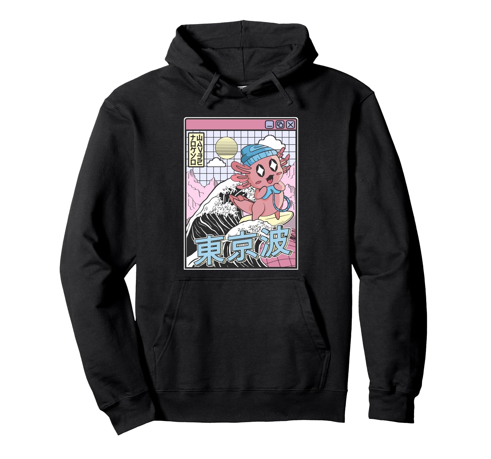 Gaming Axolotl Surfing Kanagawa Wave Hoodie - Custom Art Print for Adults - T-Shirt, Sweatshirt, Hoodie
