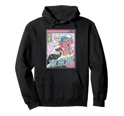 Gaming Axolotl Surfing Kanagawa Wave Hoodie - Custom Art Print for Adults - T-Shirt, Sweatshirt, Hoodie