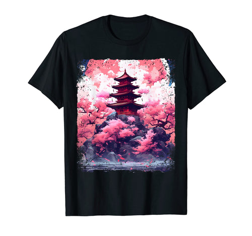 Aesthetic Cherry Blossom Tree Temple T-Shirt - Casual Everyday Wear Unisex - T-Shirt, Sweatshirt, Hoodie