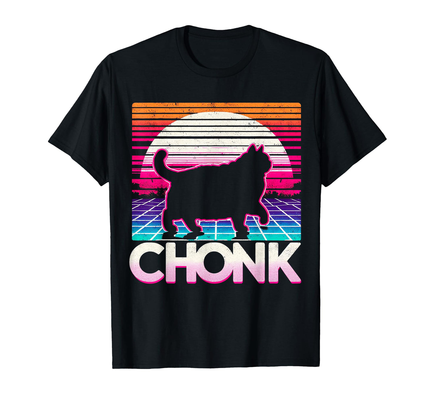 Funny Chonk Scale Cat Sunset Vaporwave T-Shirt - Fun Novelty Design Unisex - T-Shirt, Sweatshirt, Hoodie