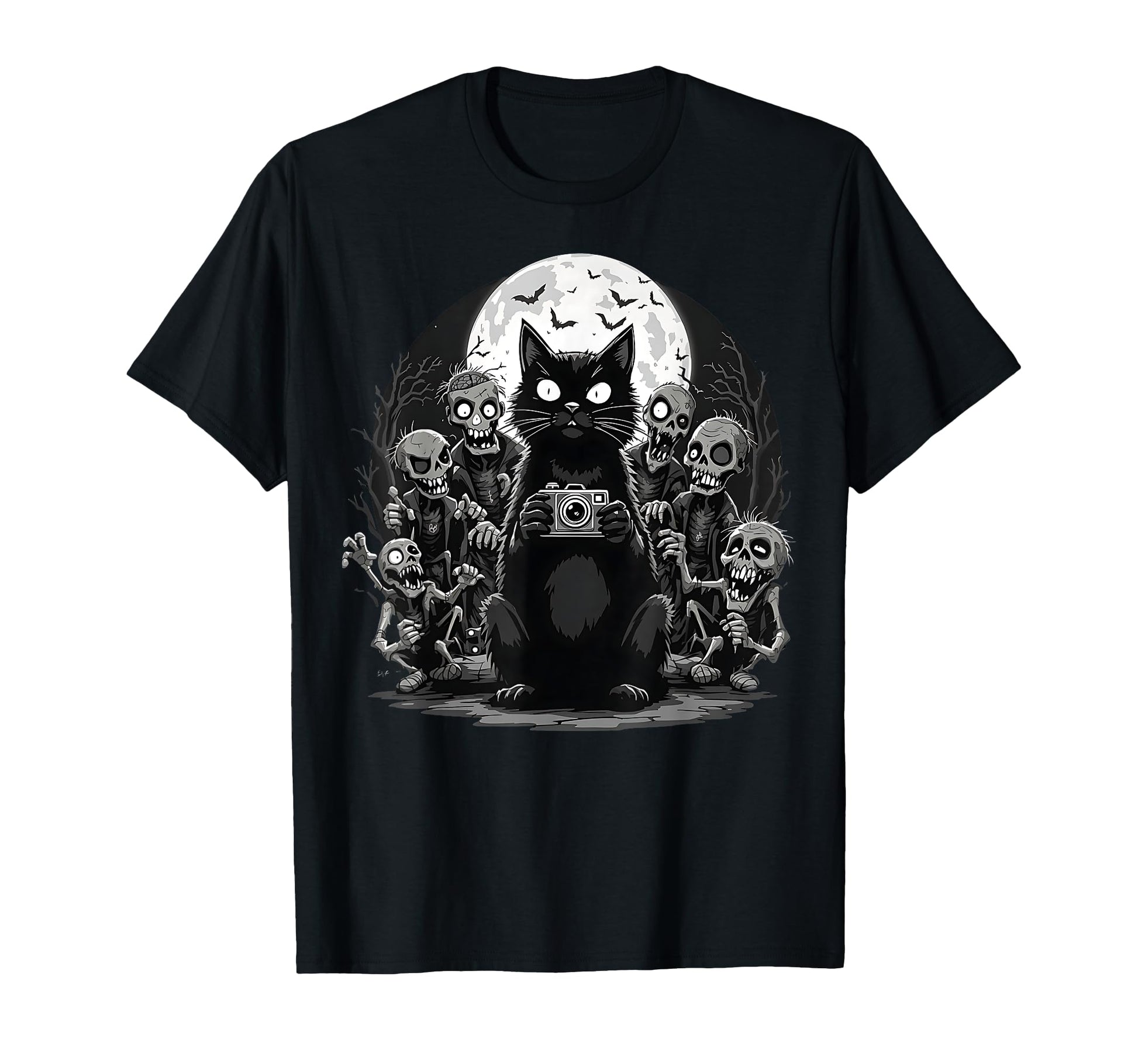 Halloween Cat Zombie Camera Spooky Horror T-Shirt - Trendy Graphic Unisex - T-Shirt, Sweatshirt, Hoodie