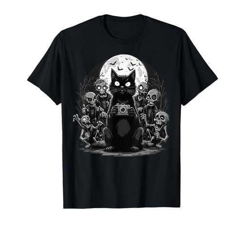 Halloween Cat Zombie Camera Spooky Horror T-Shirt - Trendy Graphic Unisex - T-Shirt, Sweatshirt, Hoodie