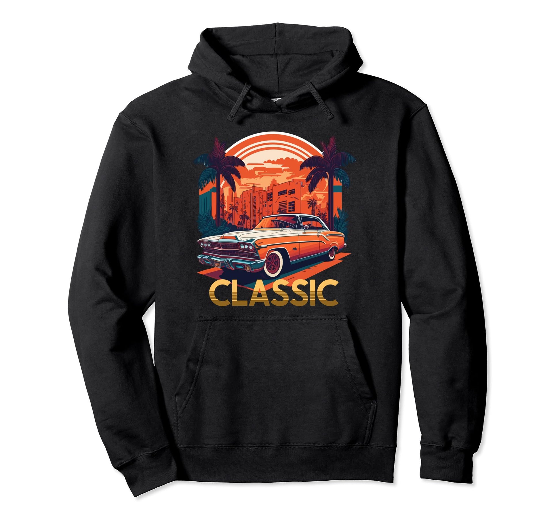 Car Mid Century Tropical City Sunset Hoodie - Minimalist Print Men Women - T-Shirt, Sweatshirt, Hoodie