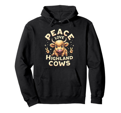 Highland Beef Cow Farmers Peace Love Hoodie - Novelty Apparel Men Women - T-Shirt, Sweatshirt, Hoodie