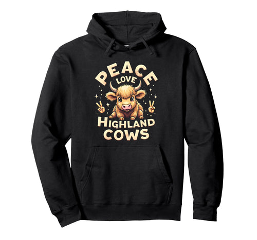 Highland Beef Cow Farmers Peace Love Hoodie - Novelty Apparel Men Women - T-Shirt, Sweatshirt, Hoodie
