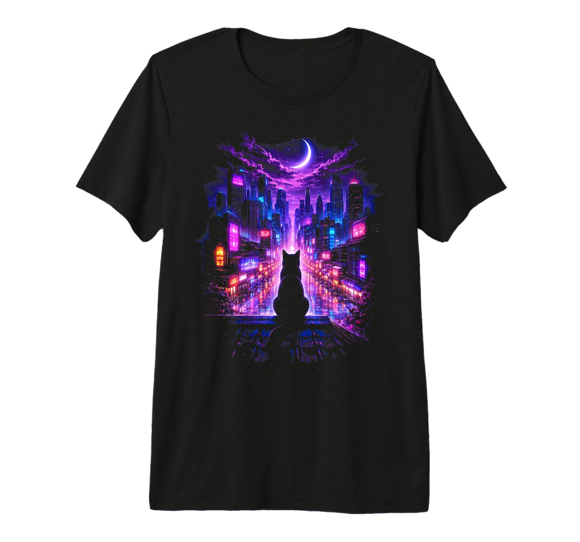 Cyberpunk City Cat Vaporwave Night T-Shirt - Aesthetic Graphic Men Women - T-Shirt, Sweatshirt, Hoodie